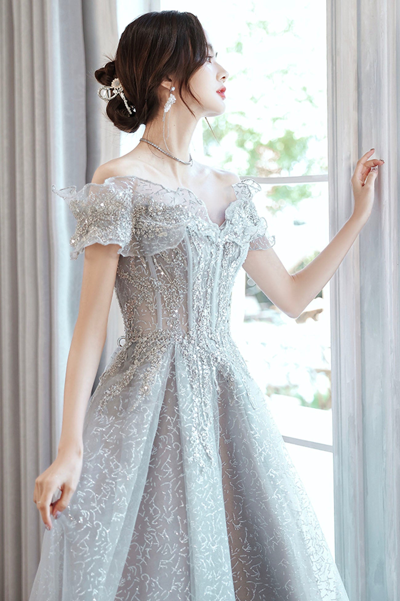 Gray tulle beads long prom dress gray evening gown  10170