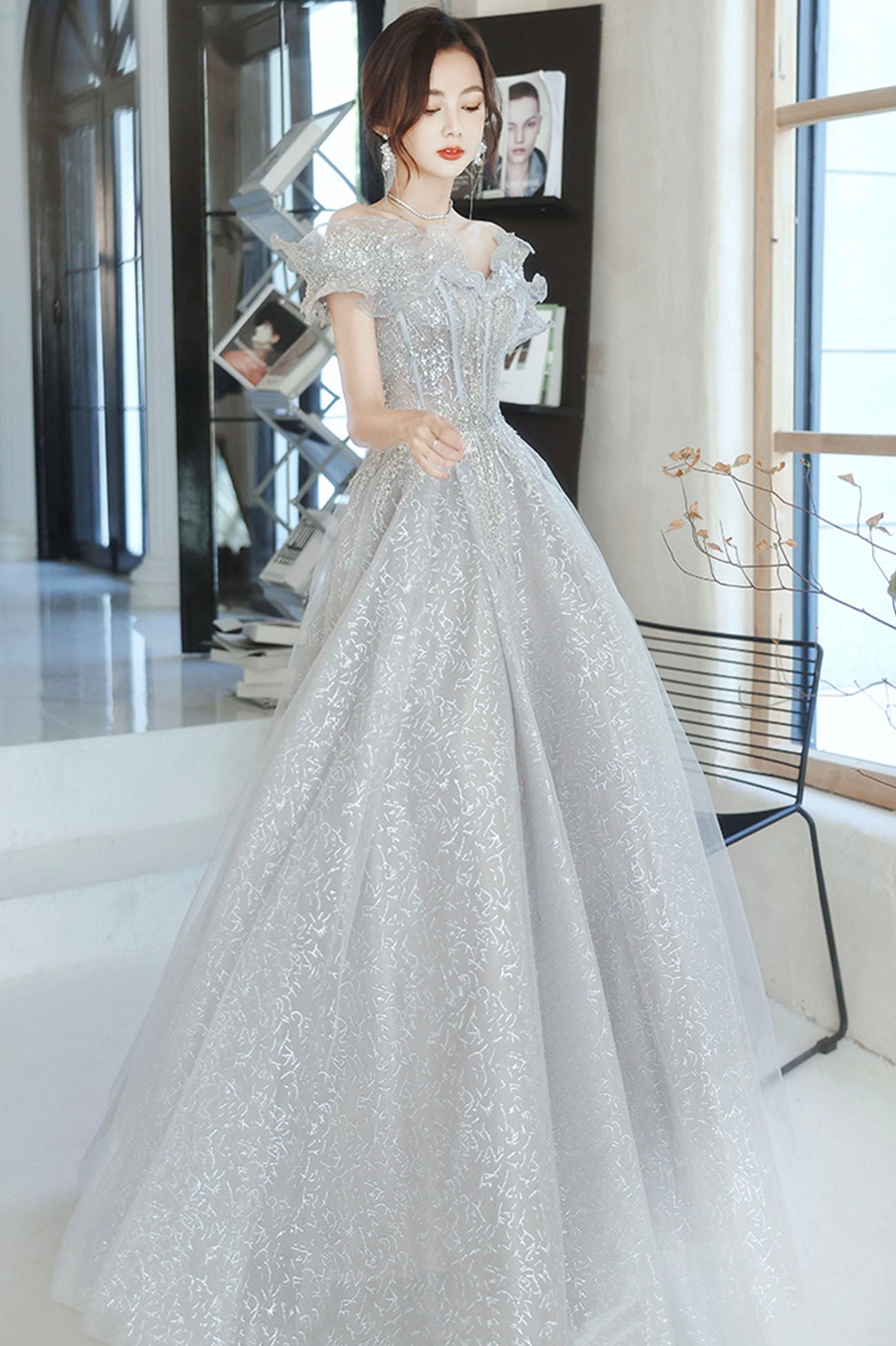 Gray tulle beads long prom dress gray evening gown  10170