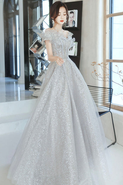 Gray tulle beads long prom dress gray evening gown  10170