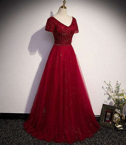 Burgundy tulle beads long ball gown dress formal dress  10141