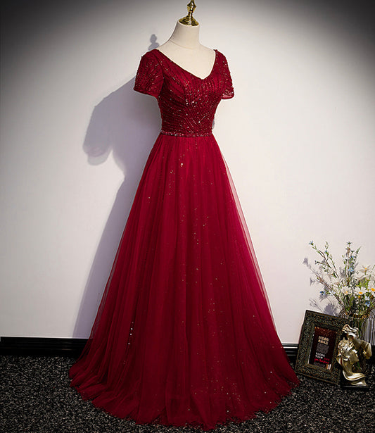 Burgundy tulle beads long ball gown dress formal dress  10141