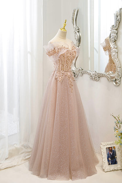Pink tulle sequins long prom dress pink evening dress  10173