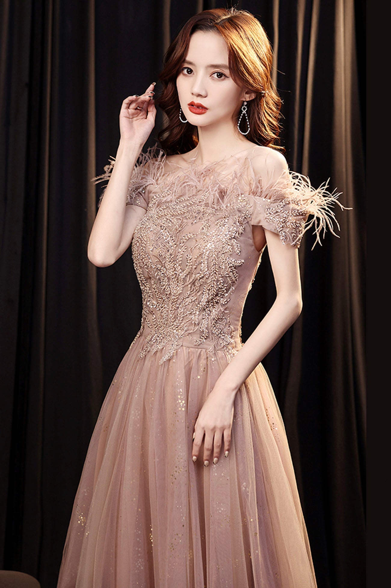 Cute tulle lace long prom dress A line evening gown  10165