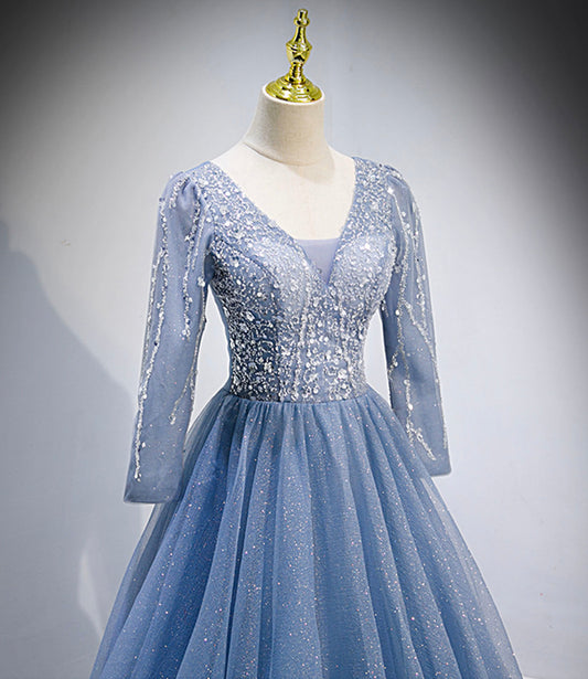 Blue tulle sequins long prom dress blue evening dress  10156