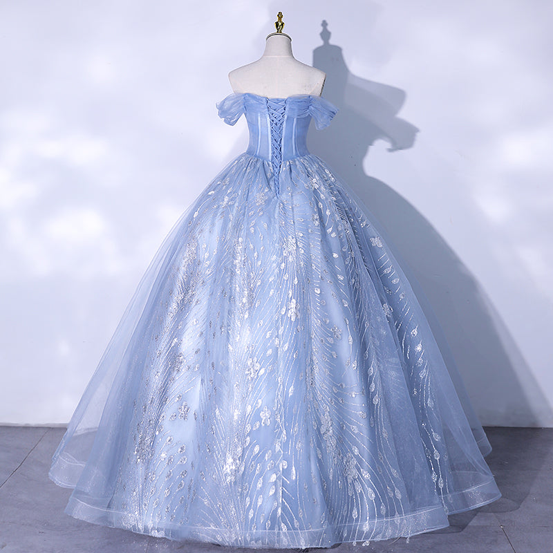 Blue tulle sequins long ball gown dress formal gown  10187