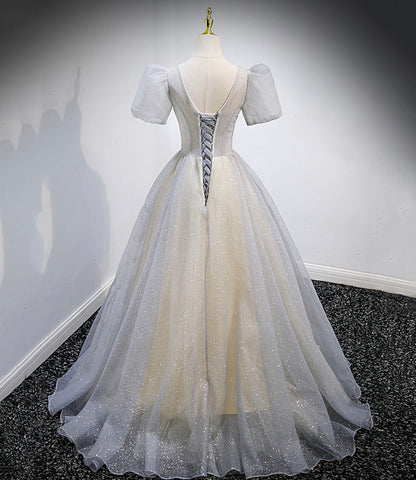 Gray tulle sequins long prom dress gray evening dress  10160