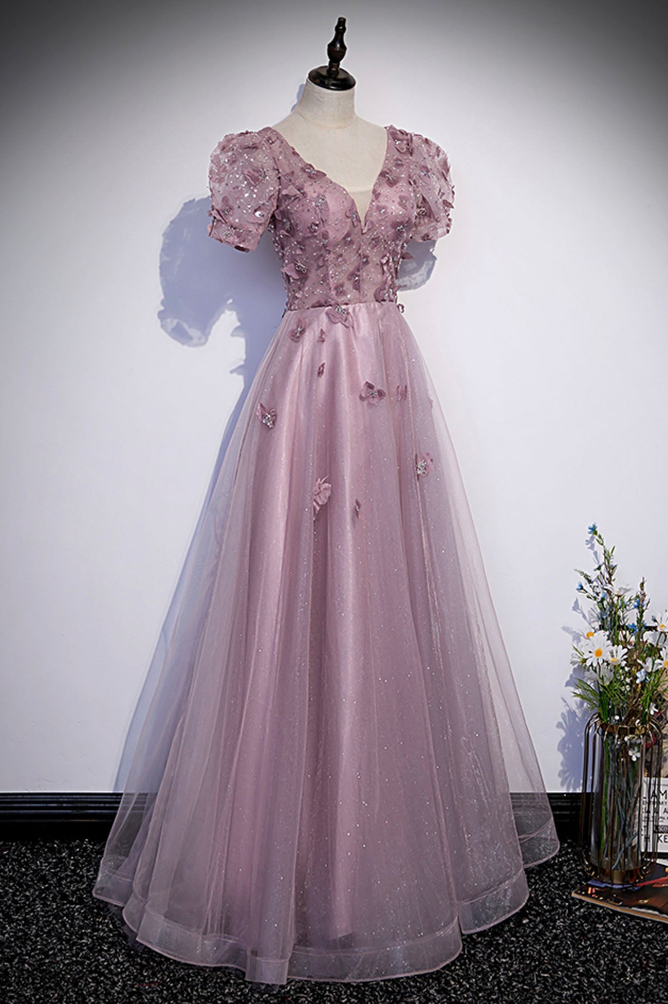 Pink tulle sequins long prom dress pink evening dress  10181