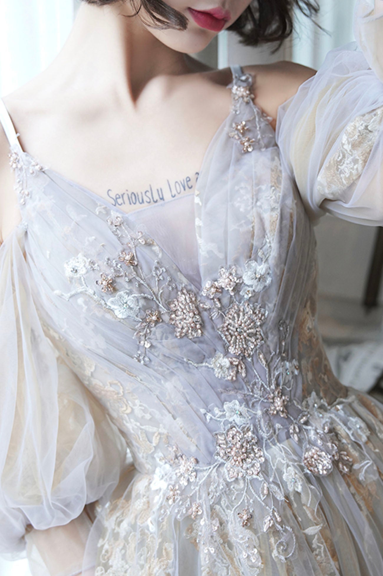Cute tulle lace long prom dress A line evening dress  10171