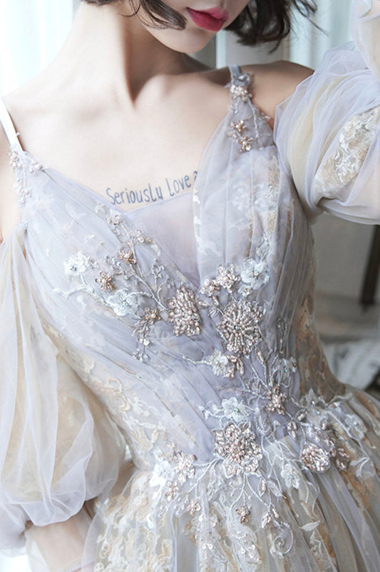 Cute tulle lace long prom dress A line evening dress  10171