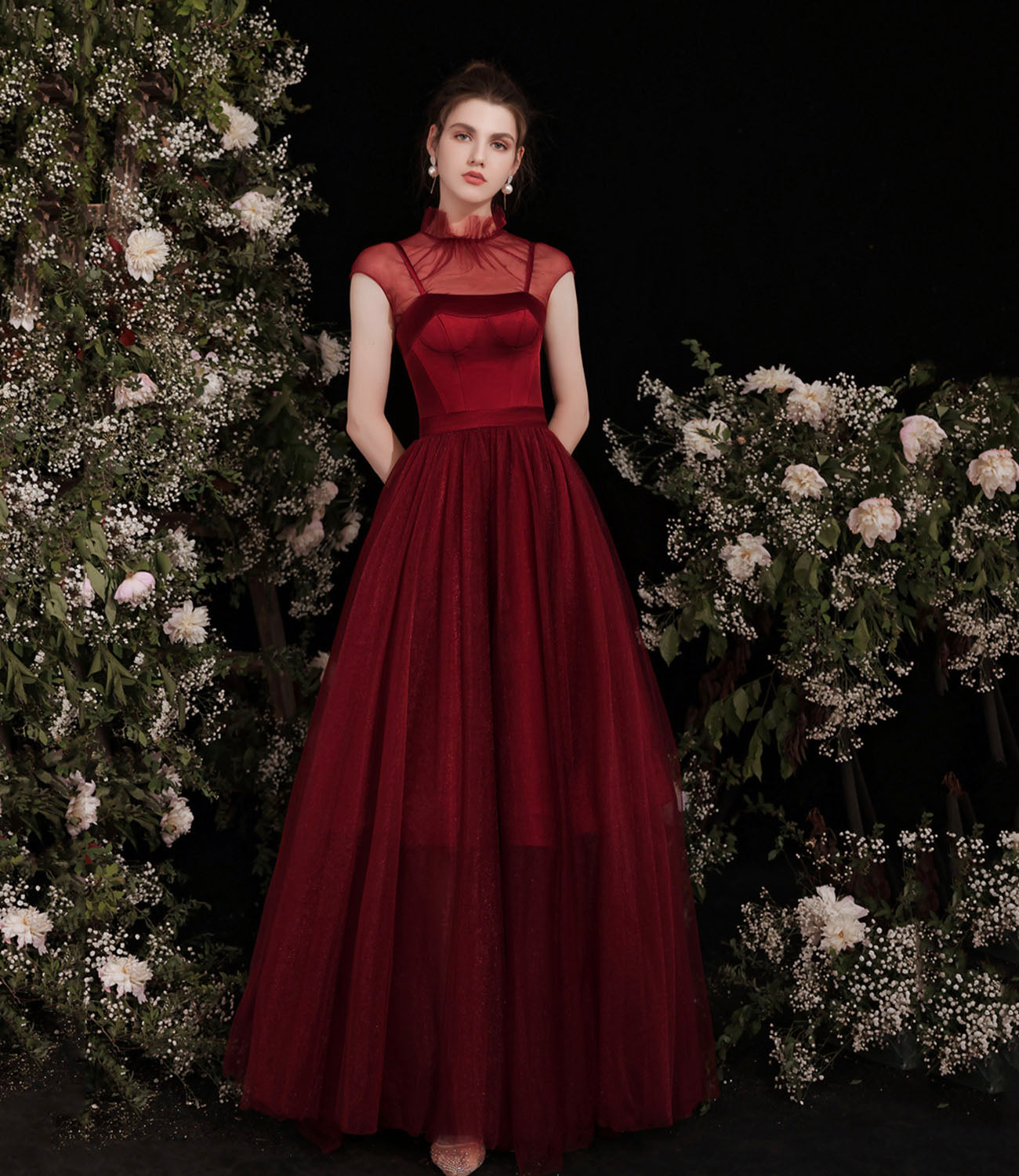 Cute burgundy two pieces detachable prom dresses  10191