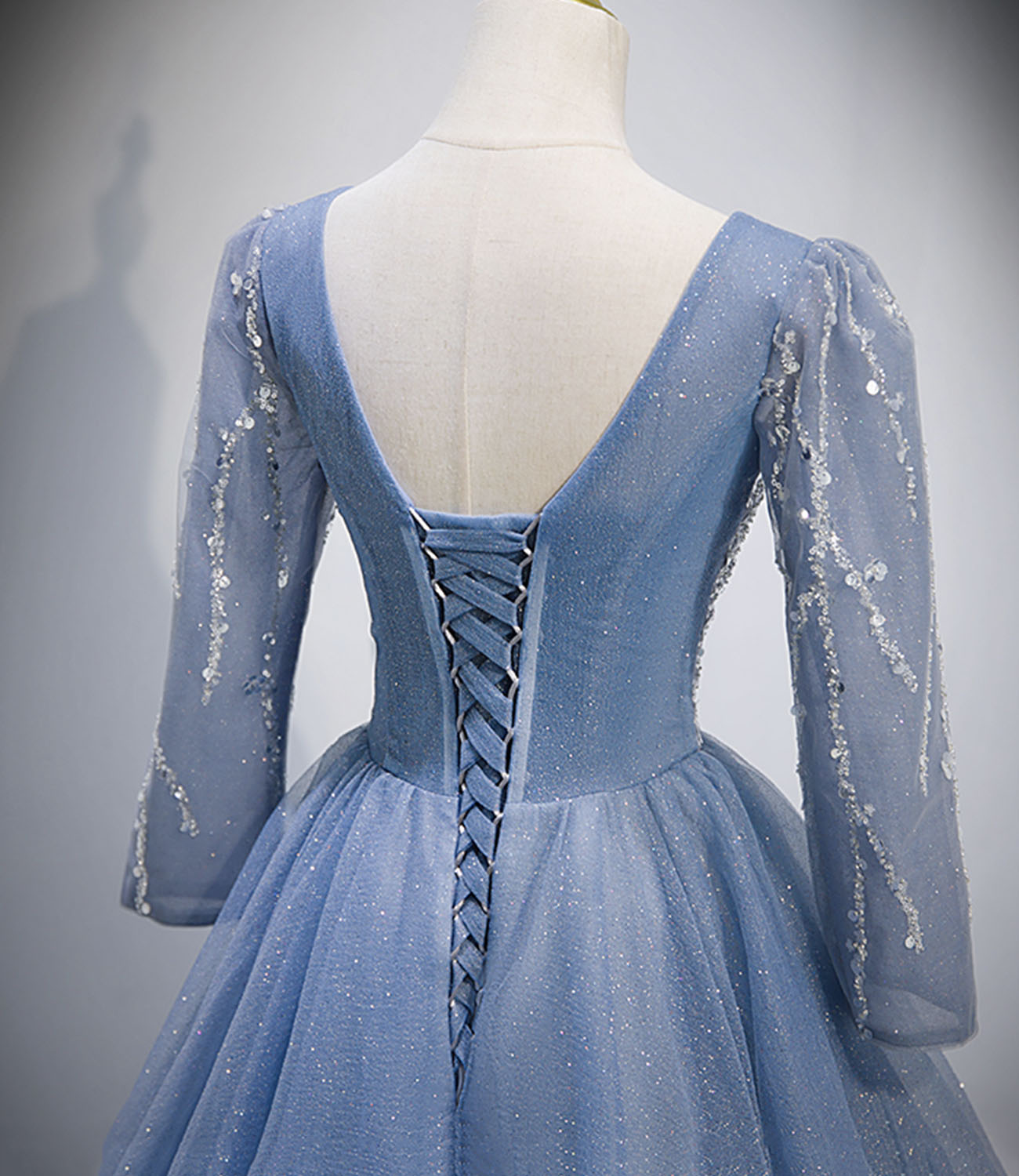 Blue tulle sequins long prom dress blue evening dress  10156