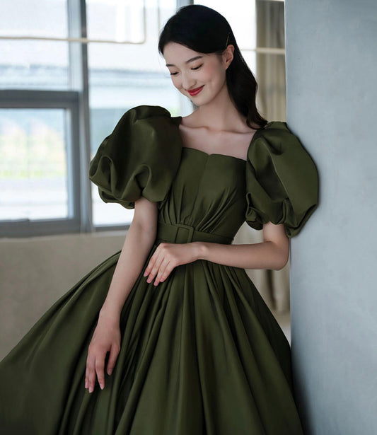 Green satin long A line princess gown formal gown  10192