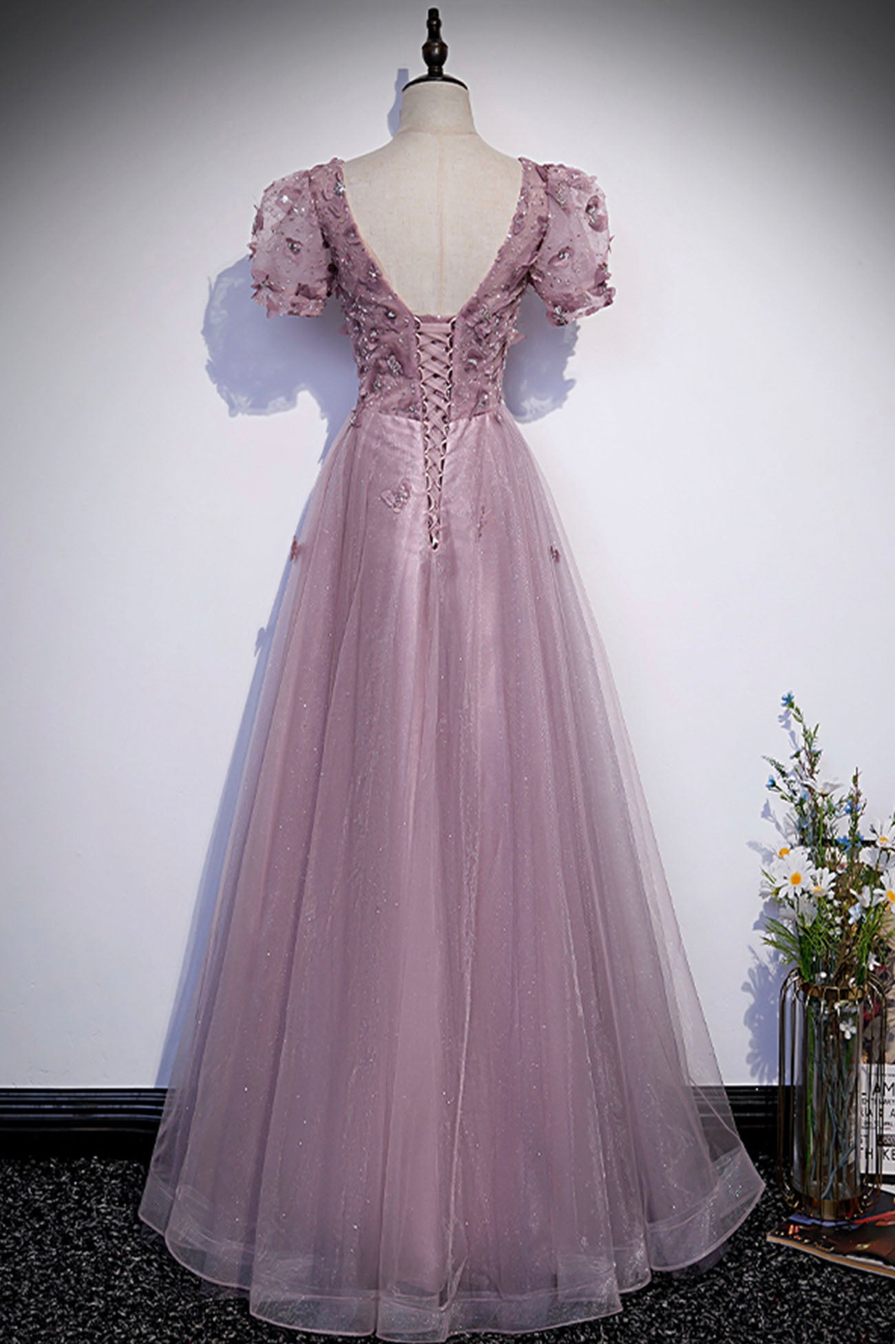 Pink tulle sequins long prom dress pink evening dress  10181