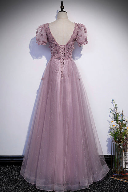 Pink tulle sequins long prom dress pink evening dress  10181