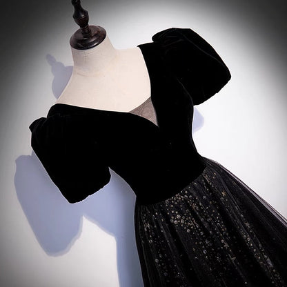 Black velvet tulle long prom dress A line evening gown  10106