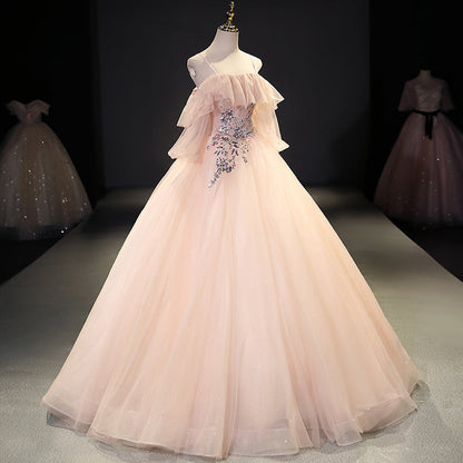 Pink tulle sequins long ball gown dress evening gown  10093