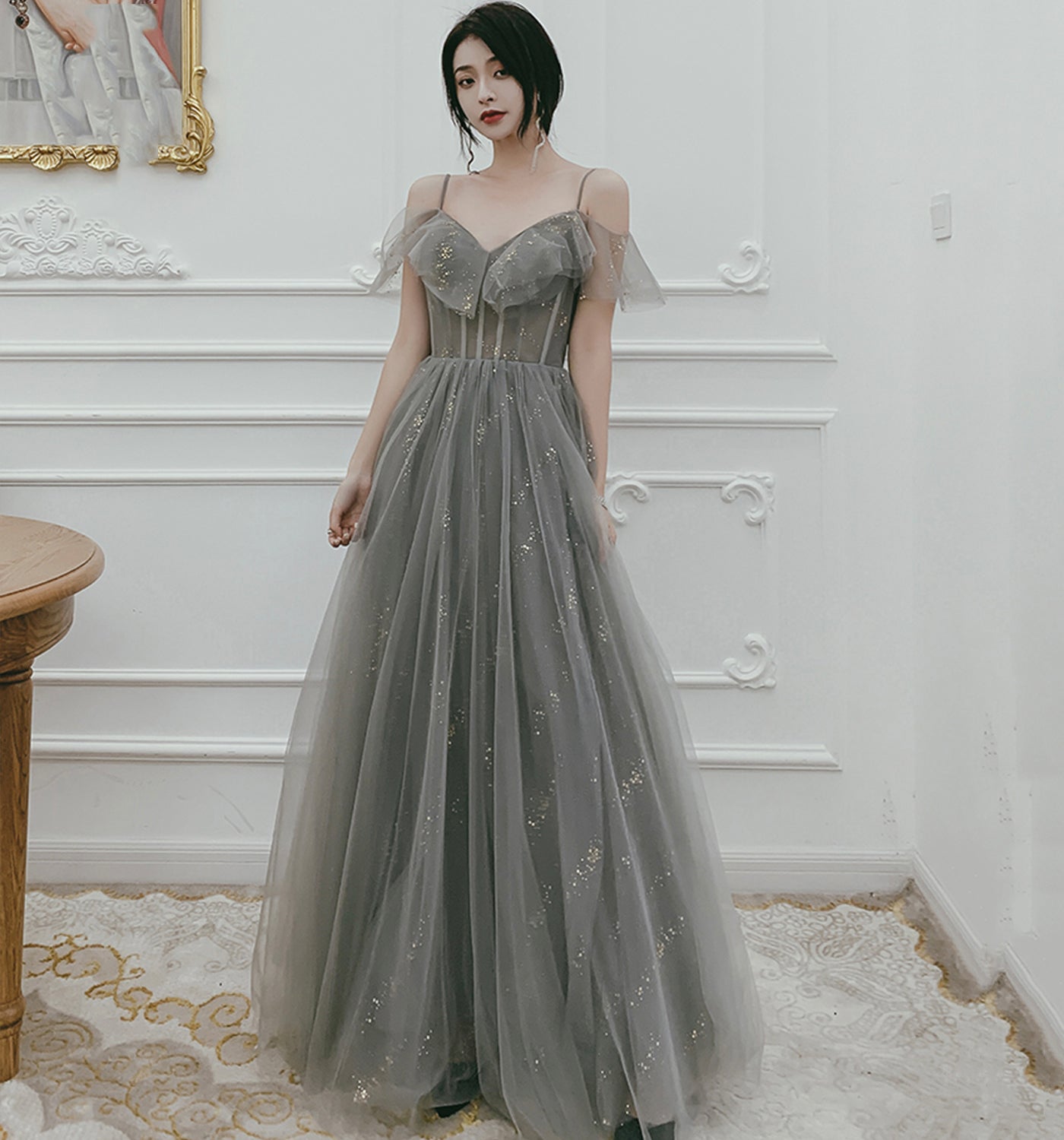 Cute tulle long A ine prom dress evening gown  10136