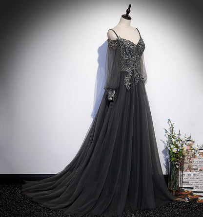 Gray tulle lace long prom dress A line evening dress  10109