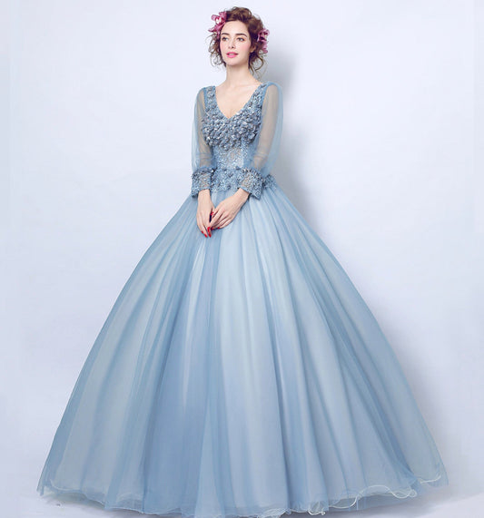 Blue lace applique long prom gown evening dress  10075