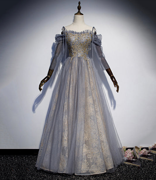 Gray tulle sequins long prom dress evening gown  10120
