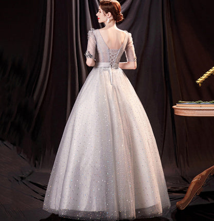 Gray tulle sequins long ball gown dress formal dress  10147