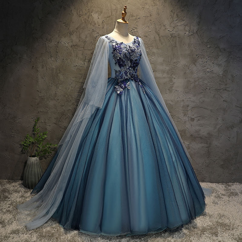 Blue tulle lace long ball gown dress blue evening gown  10091