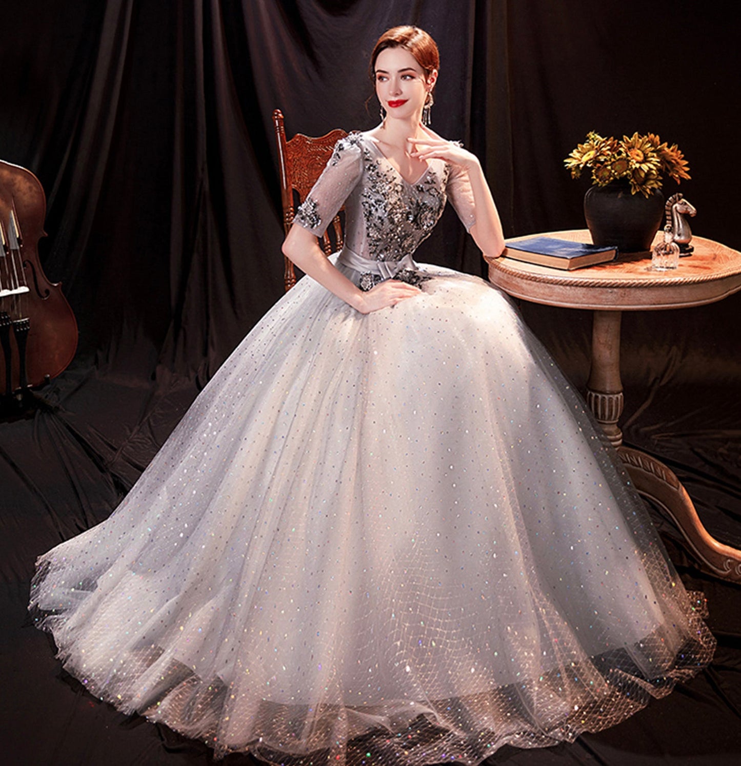 Gray tulle sequins long ball gown dress formal dress  10147