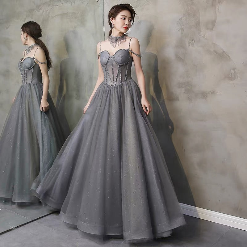 Gray tulle beads long prom gown A line evening gown  10111