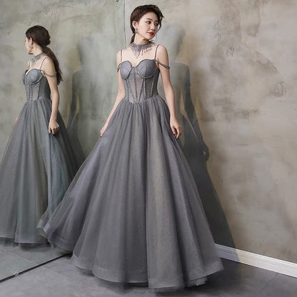 Gray tulle beads long prom gown A line evening gown  10111