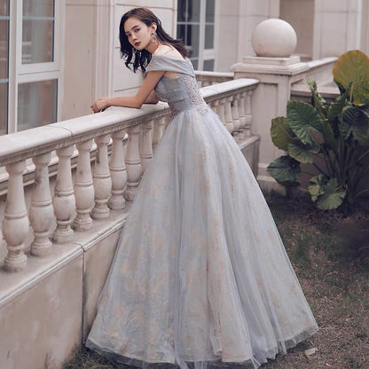 Cute tulle sequins long prom dress A line evening gown  10124