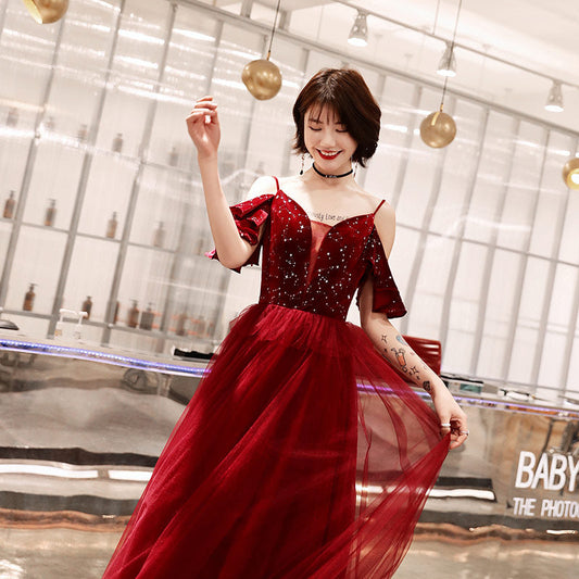 Burgundy v neck tulle sequins long prom dress, evening dress  10083