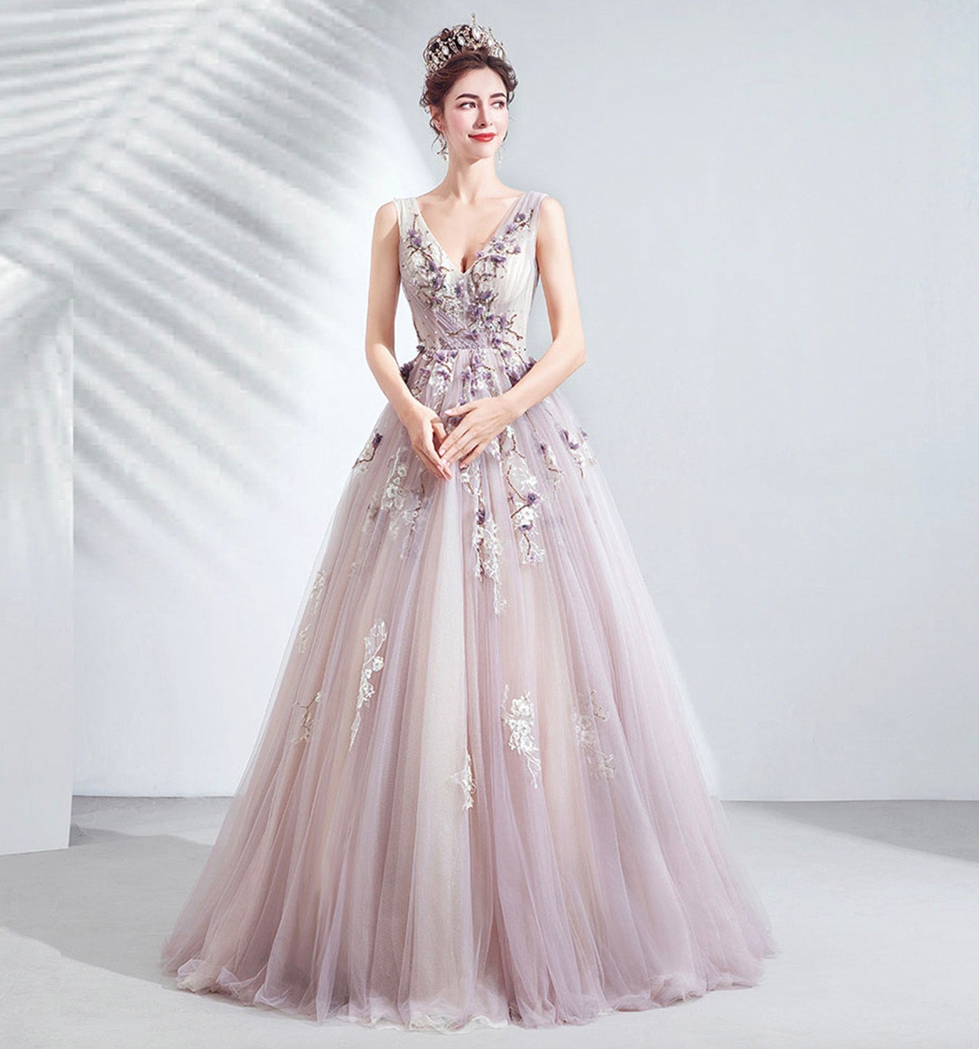 Purple tulle long A line prom dress evening gown  10073