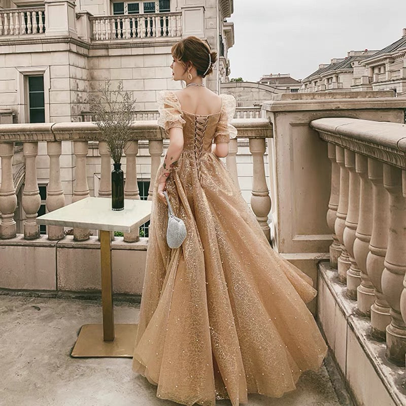 Gold tulle long prom dress A line evening dress  10085