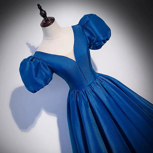 Blue saitn long prom dress A line evening gown  10102