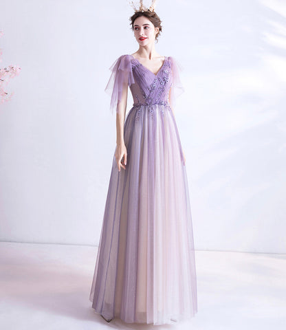 Purple v neck tulle long prom dress A line evening gown  10130