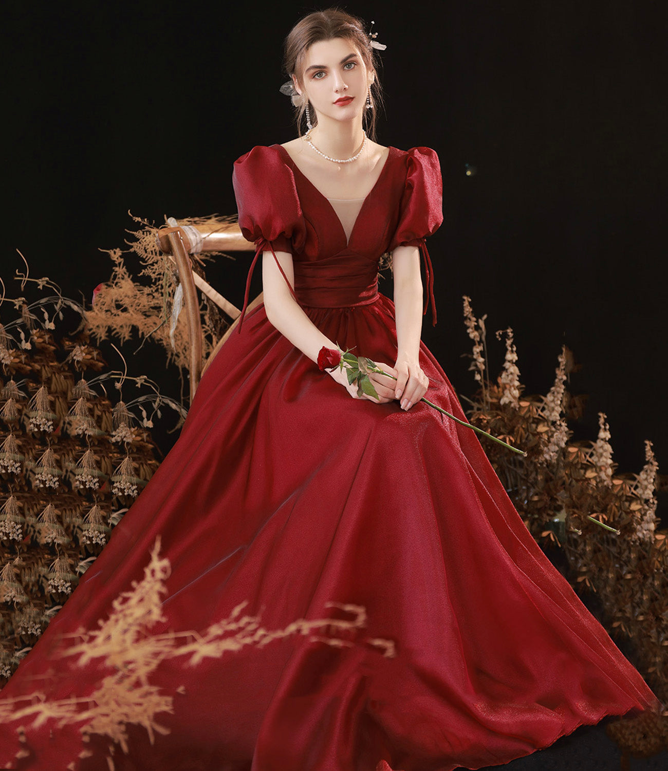 Burgundy v neck long prom dress A line evening gown  10078