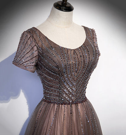 Shiny tulle beads long prom dress A line evening gown  10108