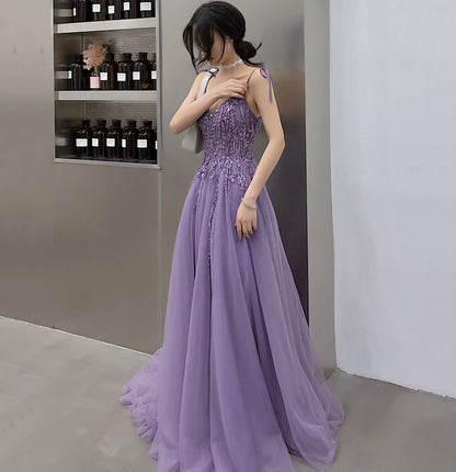 Purple tulle lace long prom dress A line evening gown  10127