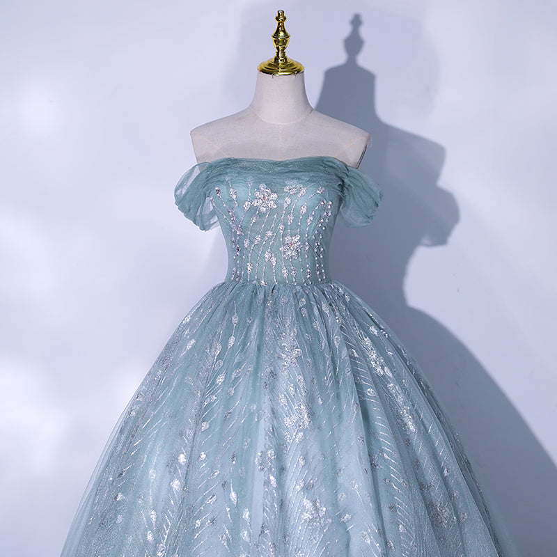 Blue tulle sequins long prom dress evening gown  10062