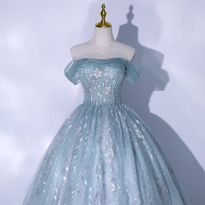 Blue tulle sequins long prom dress evening gown  10062
