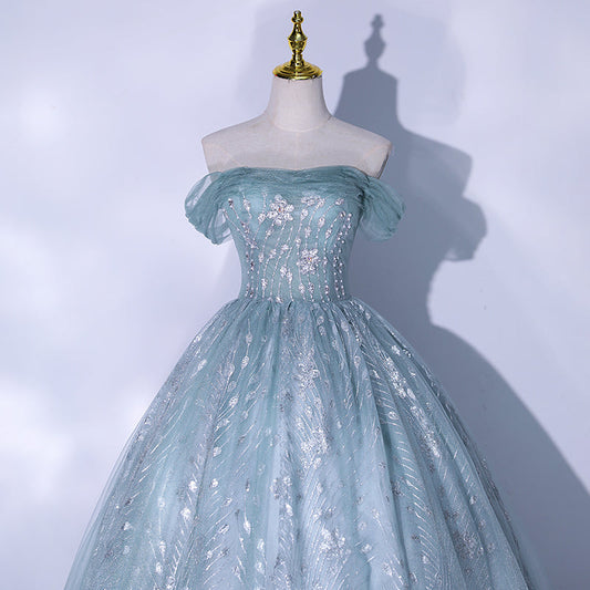 Blue tulle sequins long prom dress evening gown  10062