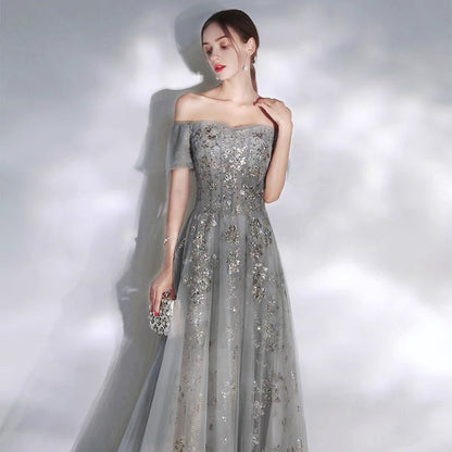 Gray tulle sequins long prom dress A line evening dress  10113