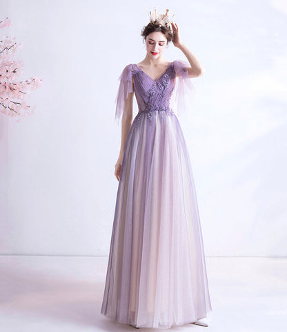 Purple v neck tulle long prom dress A line evening gown  10130
