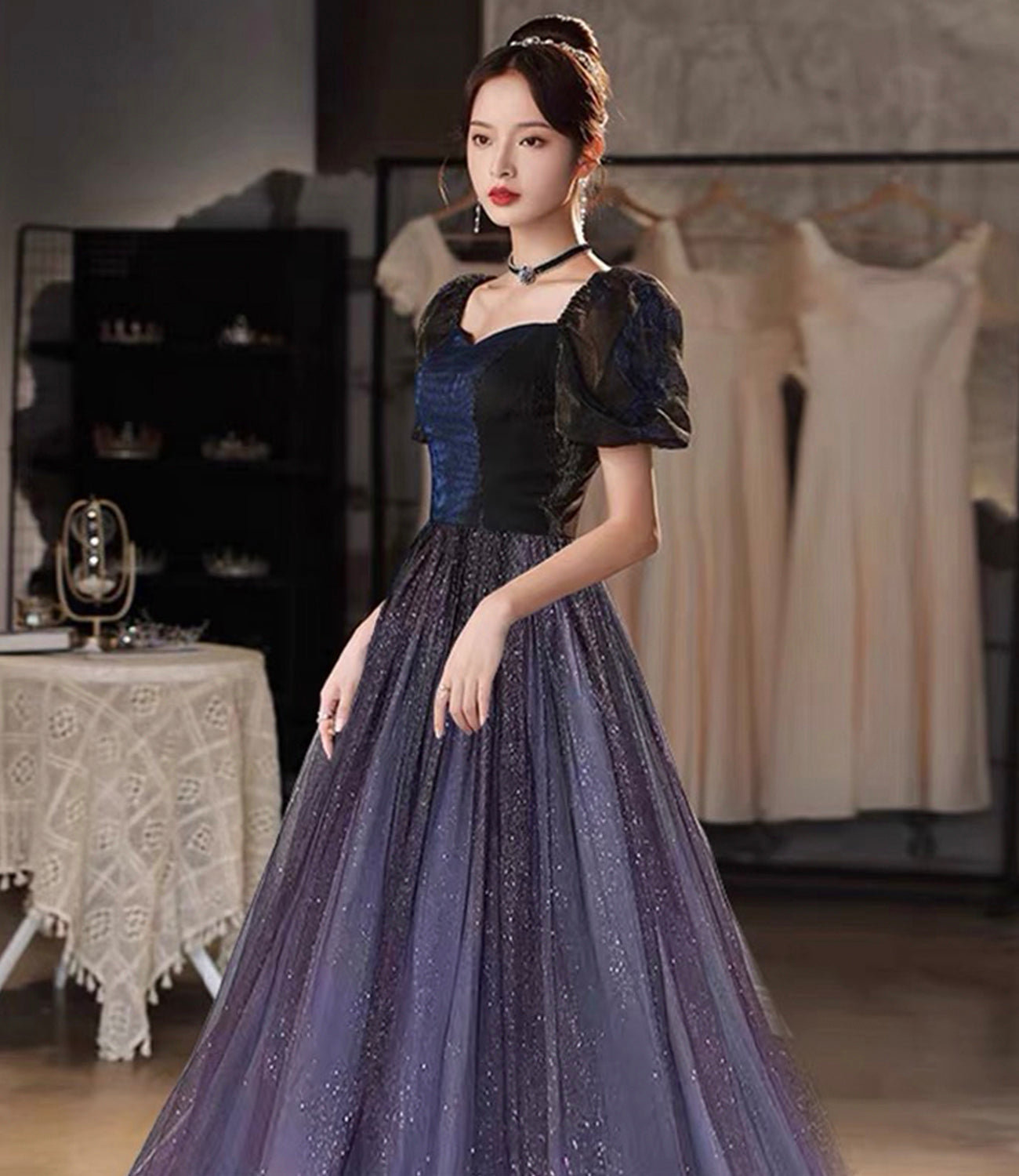 Cute tulle long A line prom dress evening gown  10096