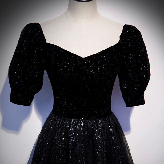Black tulle long prom dress A line evening gown  10105