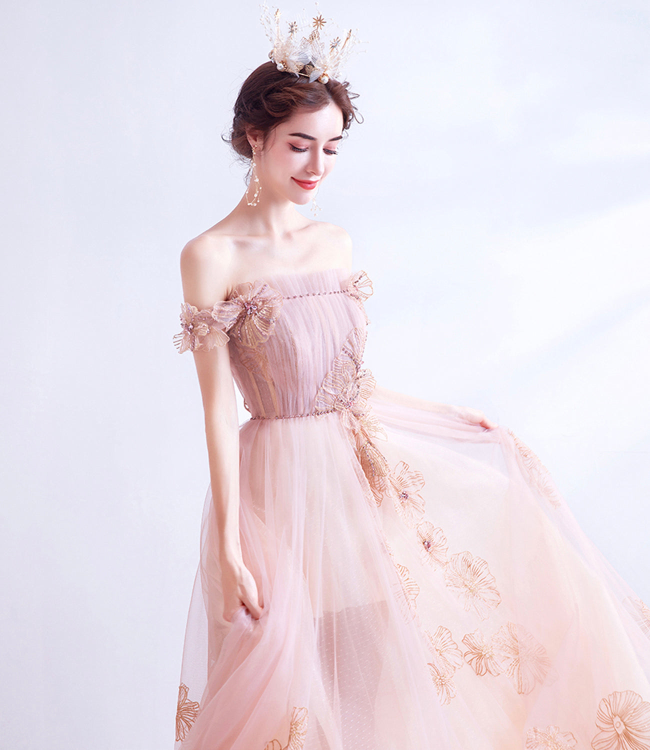 Pink tulle long A line prom dress pink evening dress  10129
