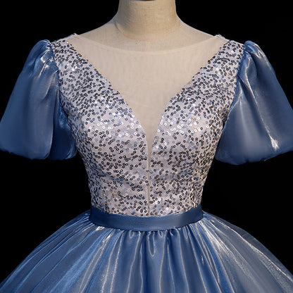 Blue satin long ball gown dress blue evening gown  10092
