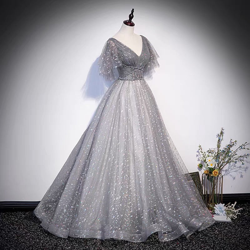 Gray tulle sequins long prom dress A line evening gown  10103