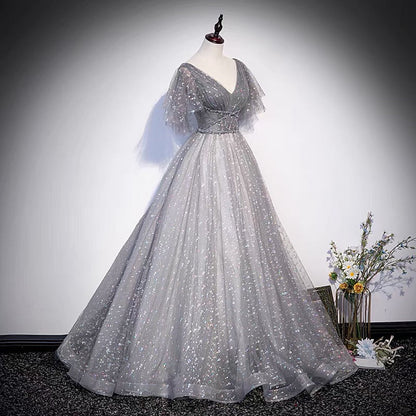Gray tulle sequins long prom dress A line evening gown  10103