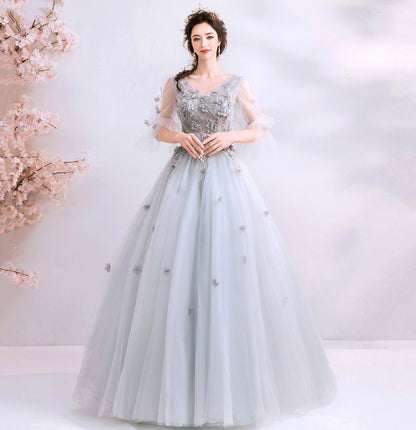 Gray tulle applique long prom dress evening gown  10100